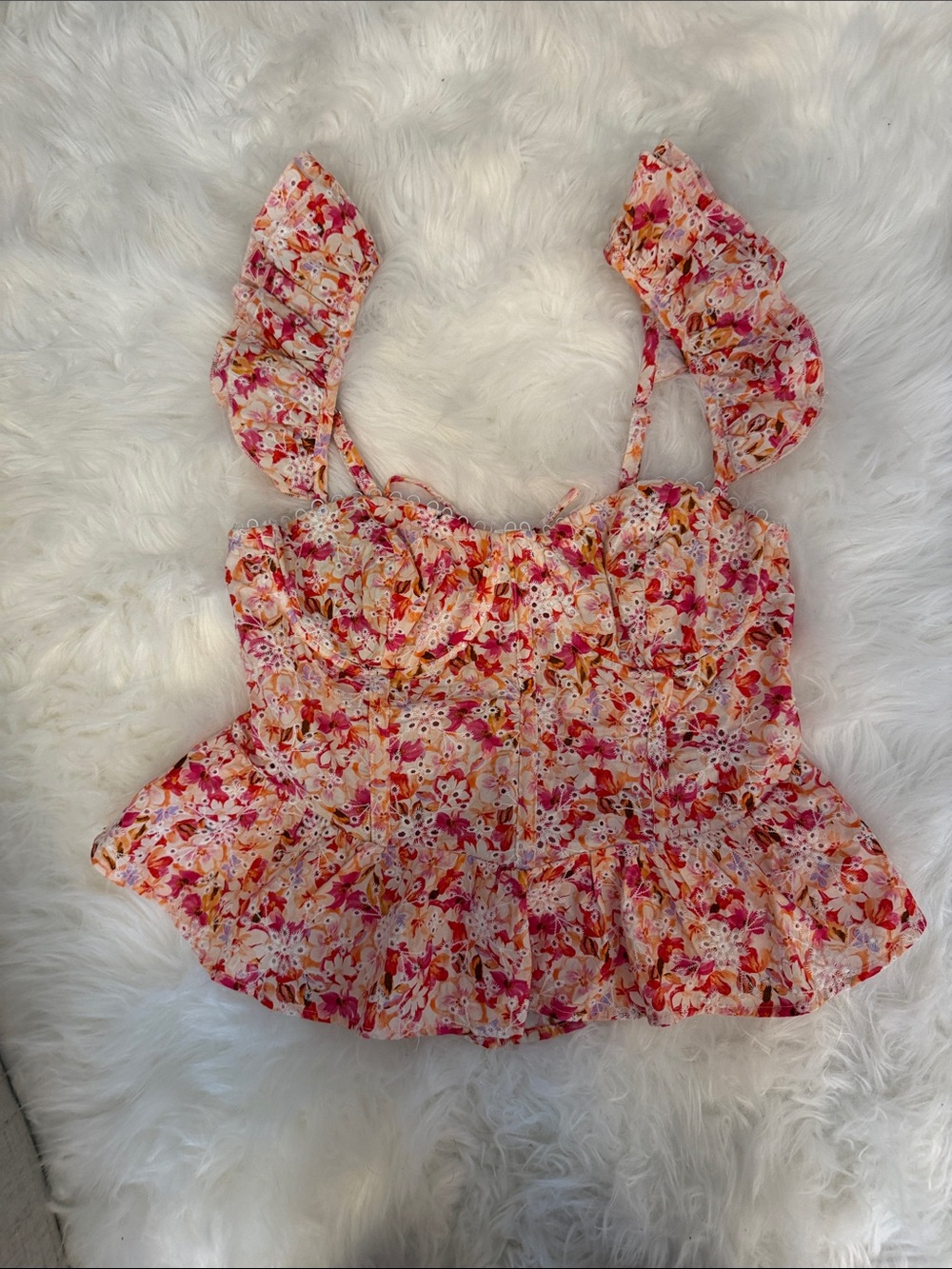 ASTR Smocked Floral Ruffle Peplum Camisole - Pink Multi